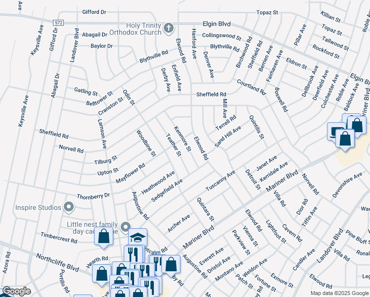 map of restaurants, bars, coffee shops, grocery stores, and more near 5077 Kenmore Street in Spring Hill