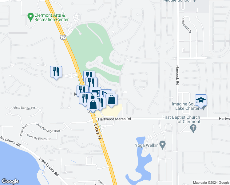 map of restaurants, bars, coffee shops, grocery stores, and more near 2131 Braxton Street in Clermont