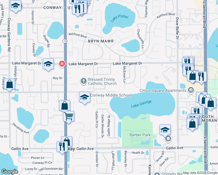 map of restaurants, bars, coffee shops, grocery stores, and more near 3243 Burchfield Avenue in Orlando