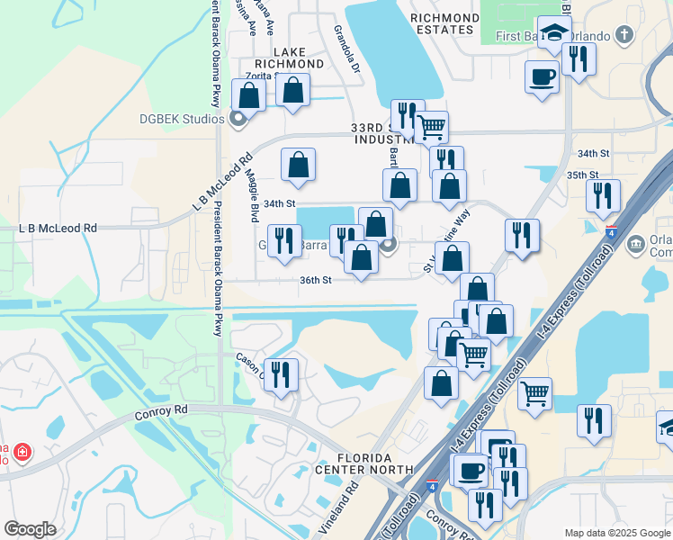 map of restaurants, bars, coffee shops, grocery stores, and more near 4507 36th Street in Orlando