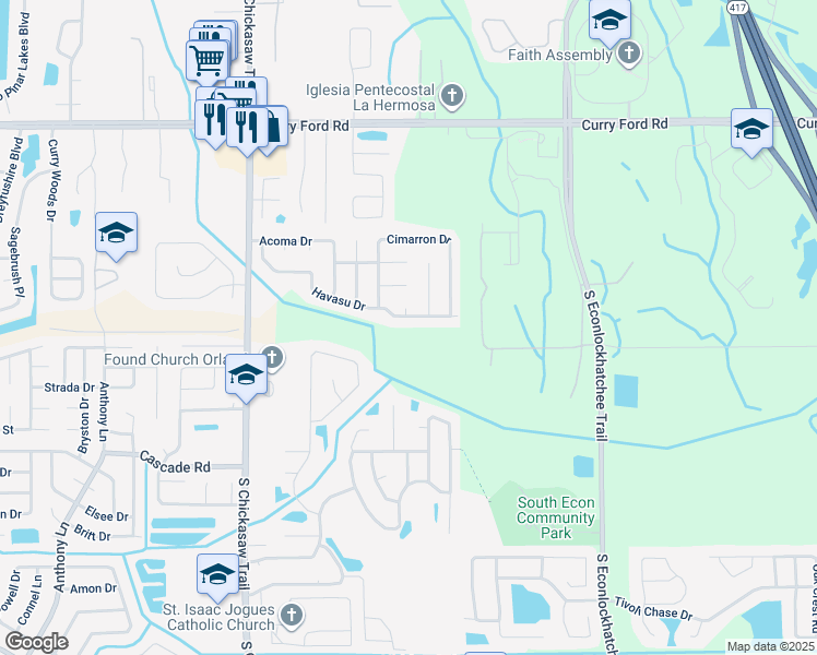 map of restaurants, bars, coffee shops, grocery stores, and more near 8834 Havasu Drive in Orlando