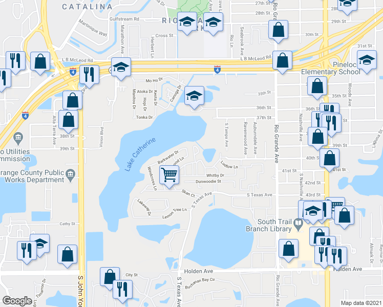 map of restaurants, bars, coffee shops, grocery stores, and more near 3976 Crayrich Circle in Orlando