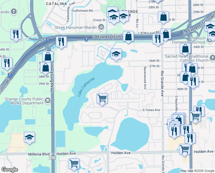map of restaurants, bars, coffee shops, grocery stores, and more near 2420 Barkwater Drive in Orlando