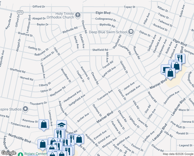 map of restaurants, bars, coffee shops, grocery stores, and more near 5076 Elwood Road in Spring Hill