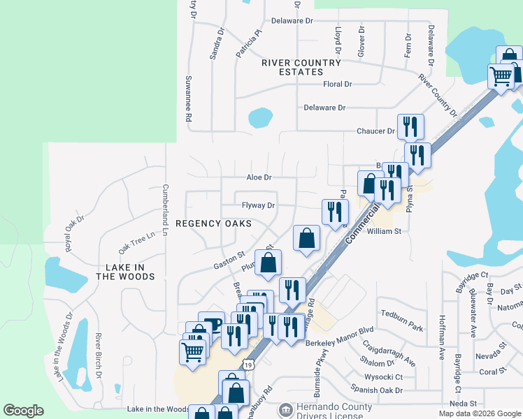 map of restaurants, bars, coffee shops, grocery stores, and more near 7316 Flyway Drive in Spring Hill