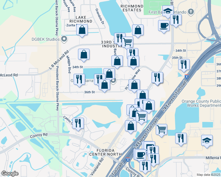 map of restaurants, bars, coffee shops, grocery stores, and more near 4493 36th Street in Orlando