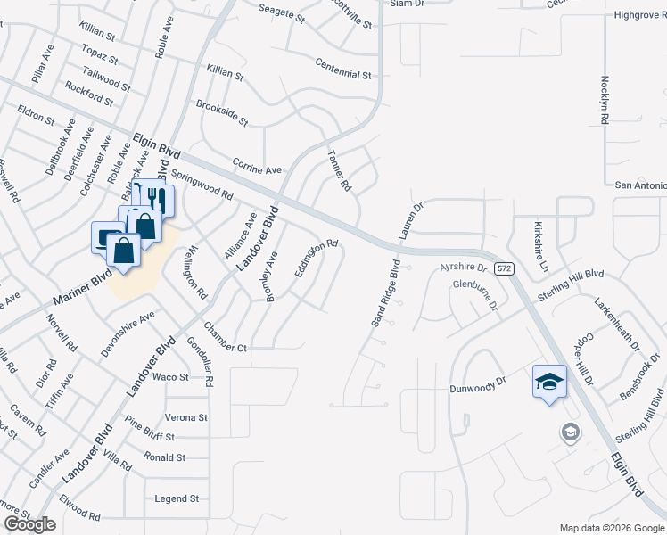 map of restaurants, bars, coffee shops, grocery stores, and more near 12616 Eddington Road in Spring Hill