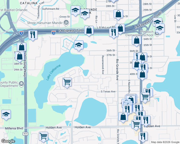 map of restaurants, bars, coffee shops, grocery stores, and more near 3912 Coronation Court in Orlando