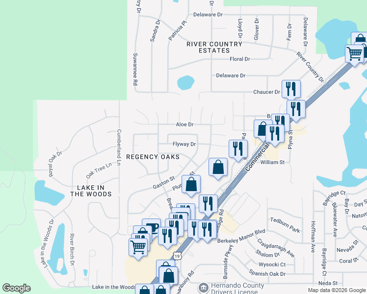 map of restaurants, bars, coffee shops, grocery stores, and more near 7316 Flyway Drive in Spring Hill