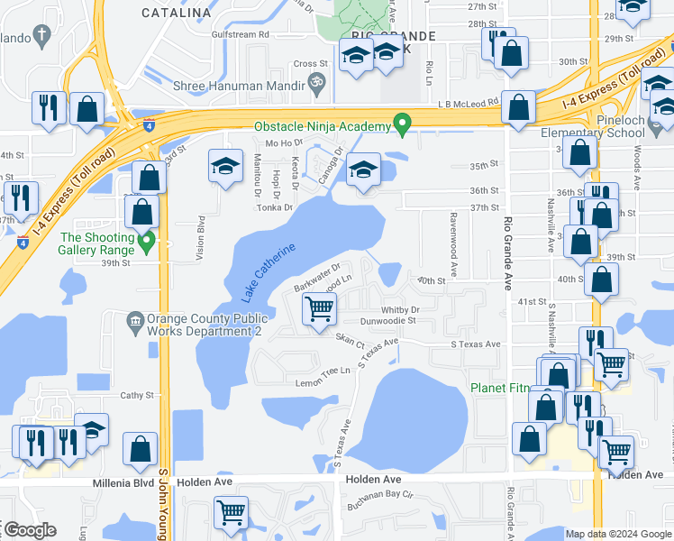 map of restaurants, bars, coffee shops, grocery stores, and more near 2420 Barkwater Drive in Orlando