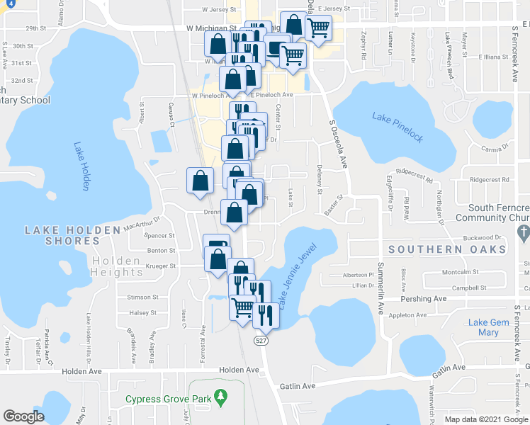 map of restaurants, bars, coffee shops, grocery stores, and more near 3563 South Magnolia Avenue in Orlando