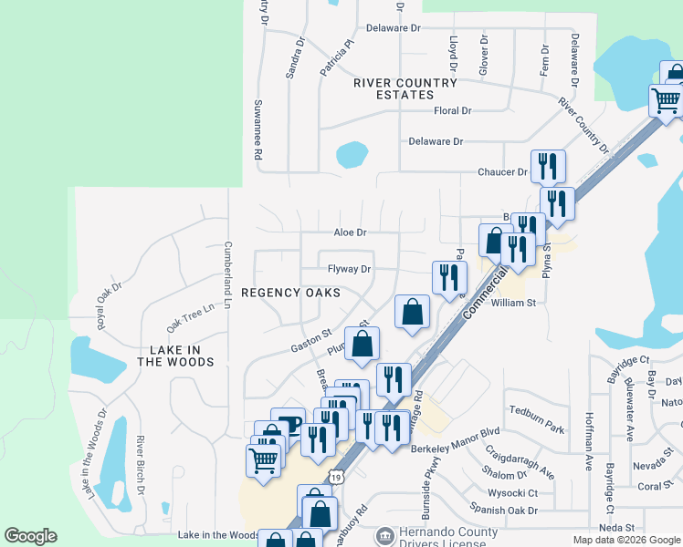 map of restaurants, bars, coffee shops, grocery stores, and more near 7316 Flyway Drive in Spring Hill