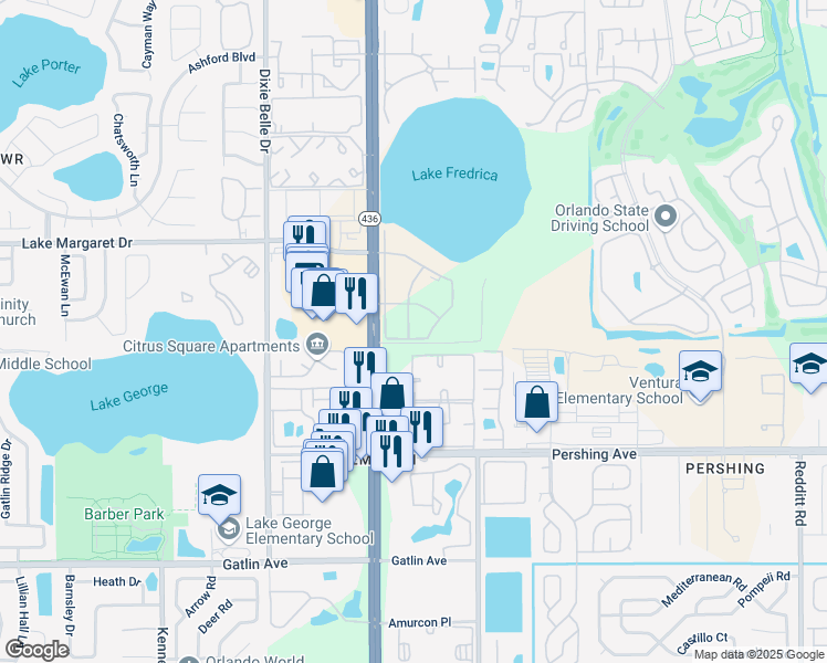 map of restaurants, bars, coffee shops, grocery stores, and more near 3619 Mont Martre Drive in Orlando
