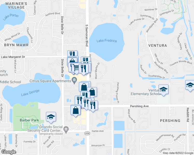 map of restaurants, bars, coffee shops, grocery stores, and more near 3619 Mont Martre Drive in Orlando