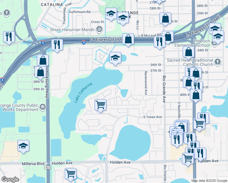 map of restaurants, bars, coffee shops, grocery stores, and more near 3976 Crayrich Circle in Orlando