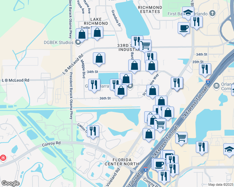 map of restaurants, bars, coffee shops, grocery stores, and more near 4507 36th Street in Orlando