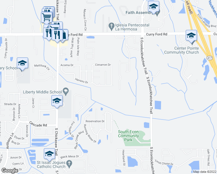 map of restaurants, bars, coffee shops, grocery stores, and more near 8910 Havasu Drive in Orlando