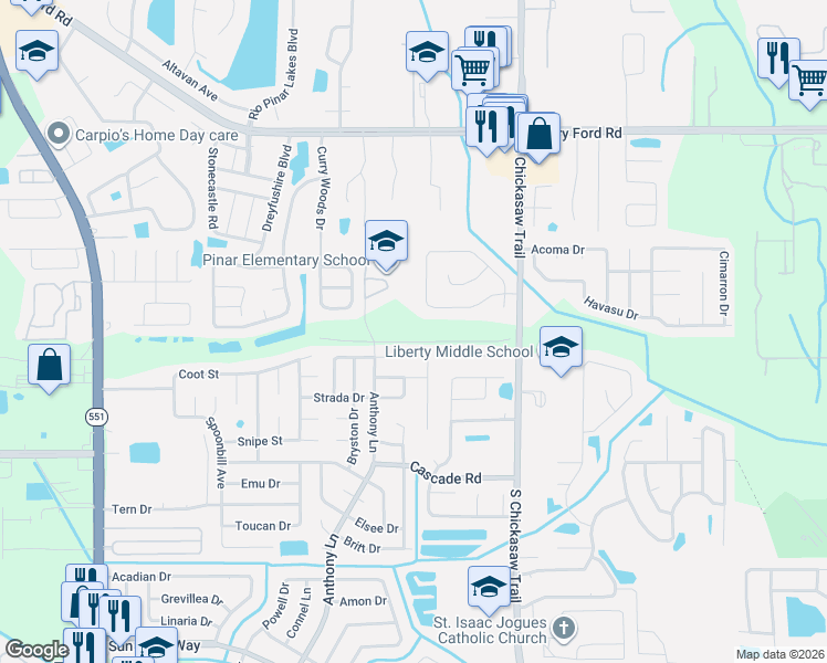 map of restaurants, bars, coffee shops, grocery stores, and more near 3300 South Chickasaw Trail in Orlando