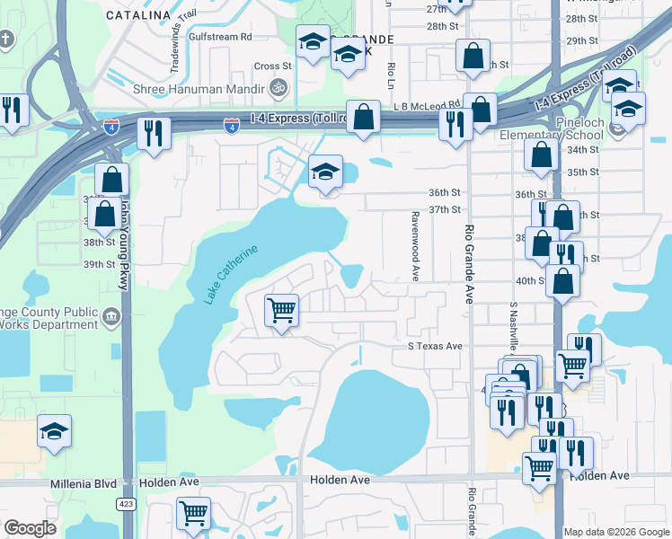 map of restaurants, bars, coffee shops, grocery stores, and more near 3976 Crayrich Circle in Orlando