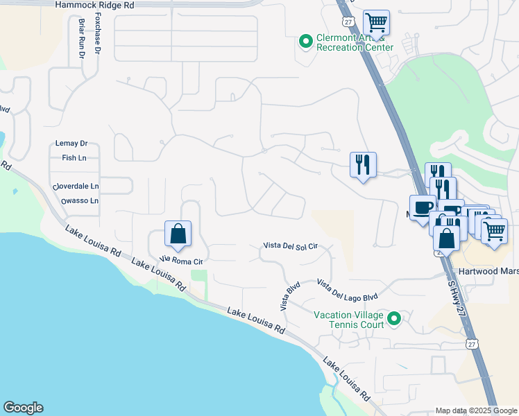 map of restaurants, bars, coffee shops, grocery stores, and more near 1473 Lakemist Lane in Clermont