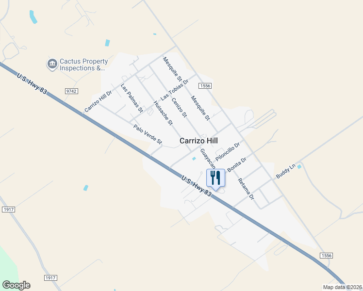map of restaurants, bars, coffee shops, grocery stores, and more near 408 Huisache Street in Carrizo Springs