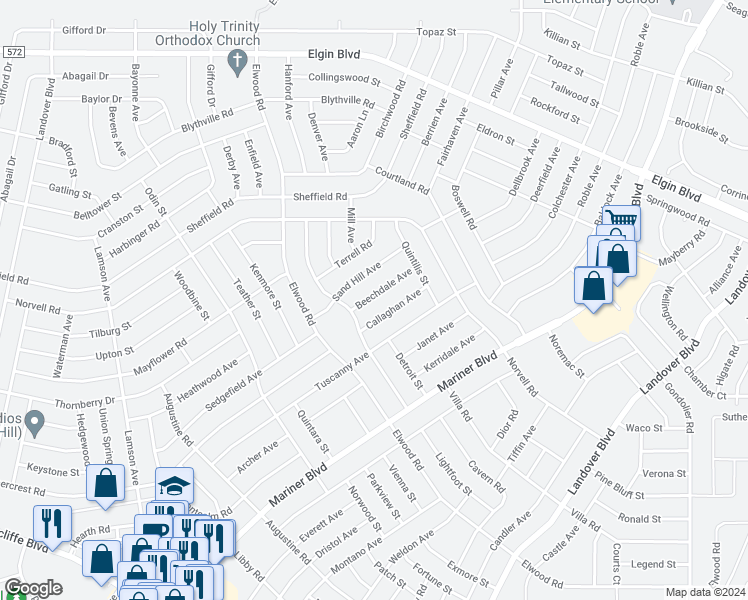 map of restaurants, bars, coffee shops, grocery stores, and more near 11376 Beechdale Avenue in Spring Hill