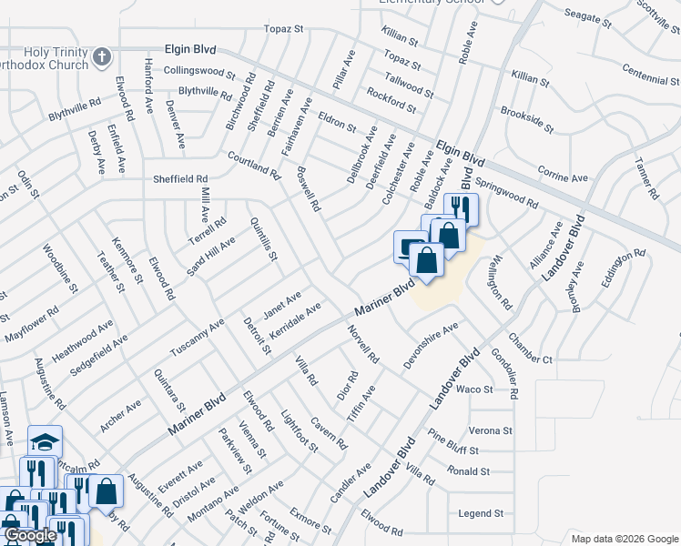 map of restaurants, bars, coffee shops, grocery stores, and more near 5053 Baldock Avenue in Spring Hill