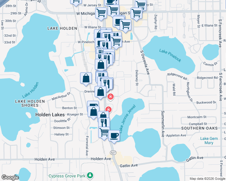 map of restaurants, bars, coffee shops, grocery stores, and more near 3563 South Magnolia Avenue in Orlando