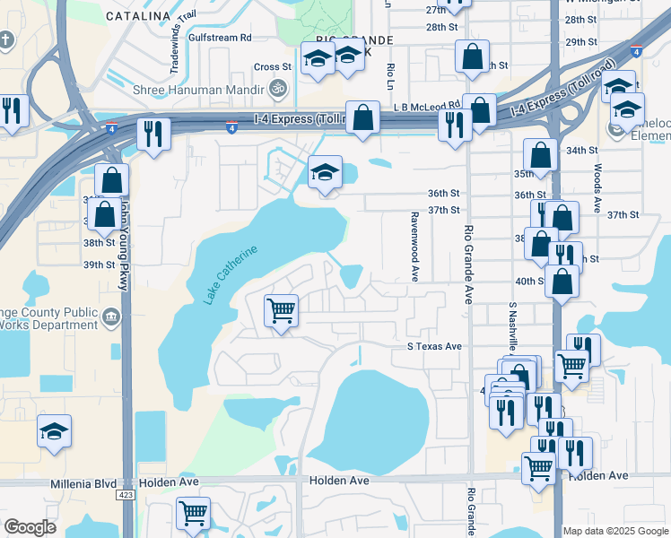 map of restaurants, bars, coffee shops, grocery stores, and more near 3976 Crayrich Circle in Orlando