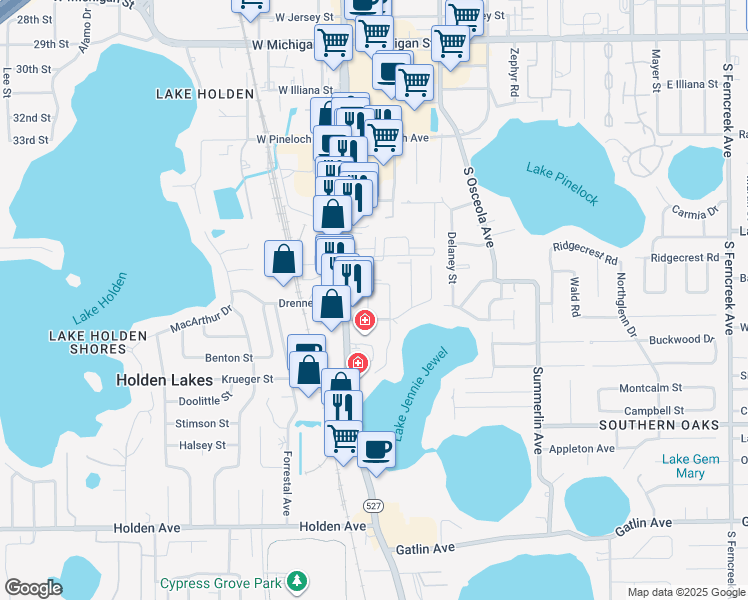 map of restaurants, bars, coffee shops, grocery stores, and more near 3563 South Magnolia Avenue in Orlando