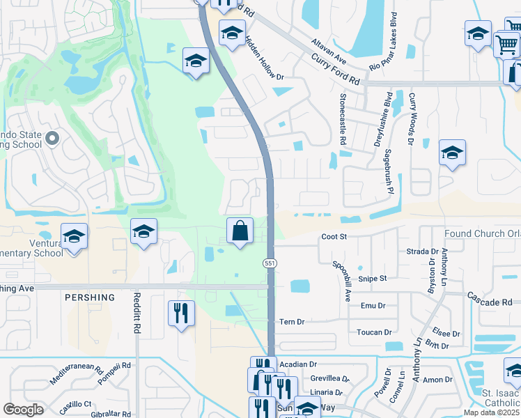 map of restaurants, bars, coffee shops, grocery stores, and more near 2860 South Goldenrod Road in Orlando