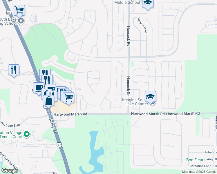 map of restaurants, bars, coffee shops, grocery stores, and more near 4203 Hammersmith Drive in Clermont
