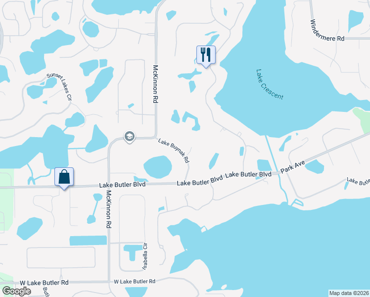 map of restaurants, bars, coffee shops, grocery stores, and more near 3629 Lake Buynak Road in Windermere