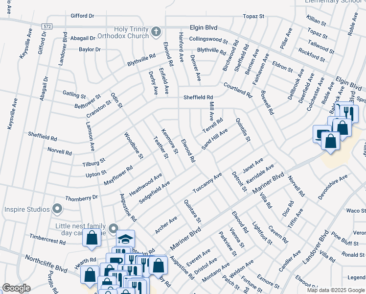 map of restaurants, bars, coffee shops, grocery stores, and more near 5085 Elwood Road in Spring Hill