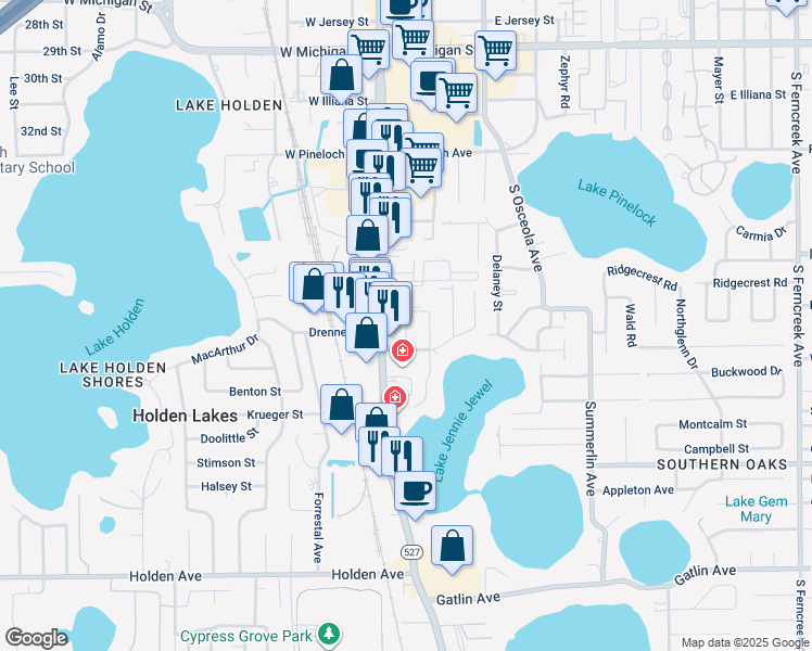map of restaurants, bars, coffee shops, grocery stores, and more near 3563 South Magnolia Avenue in Orlando