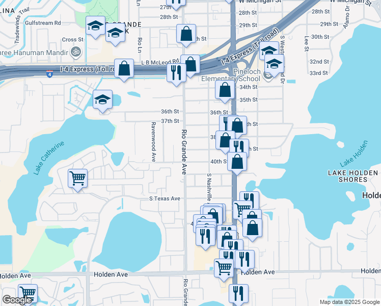 map of restaurants, bars, coffee shops, grocery stores, and more near 1417 40th Street in Orlando