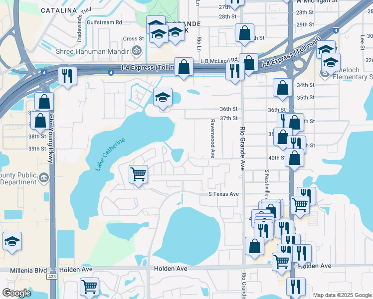 map of restaurants, bars, coffee shops, grocery stores, and more near 3912 Coronation Court in Orlando