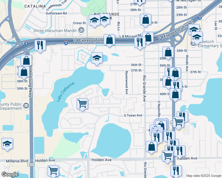 map of restaurants, bars, coffee shops, grocery stores, and more near 3912 Coronation Court in Orlando