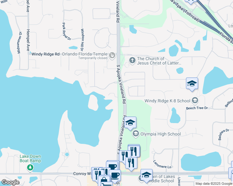 map of restaurants, bars, coffee shops, grocery stores, and more near 9025 Ron Den Lane in Windermere