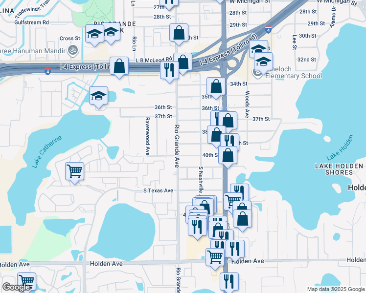 map of restaurants, bars, coffee shops, grocery stores, and more near 1417 40th Street in Orlando