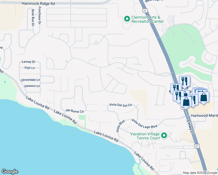 map of restaurants, bars, coffee shops, grocery stores, and more near 1473 Lakemist Lane in Clermont