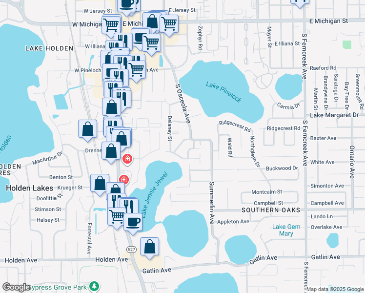 map of restaurants, bars, coffee shops, grocery stores, and more near 3222 South Osceola Avenue in Orlando