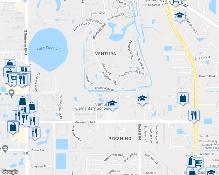 map of restaurants, bars, coffee shops, grocery stores, and more near 3900 Southpointe Drive in Orlando