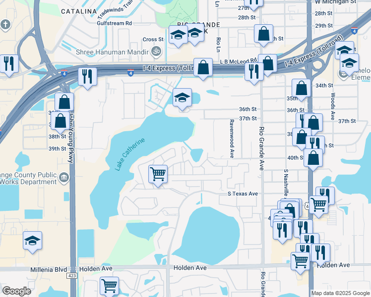 map of restaurants, bars, coffee shops, grocery stores, and more near 3976 Crayrich Circle in Orlando