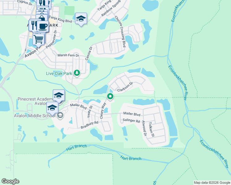 map of restaurants, bars, coffee shops, grocery stores, and more near 14338 Clarkson Drive in Orlando