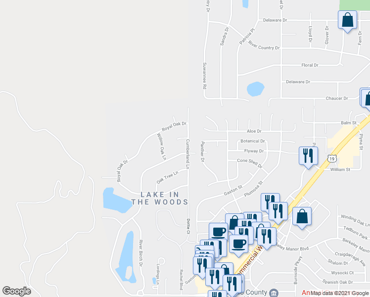 map of restaurants, bars, coffee shops, grocery stores, and more near 4699 Lake in the Woods Drive in Spring Hill