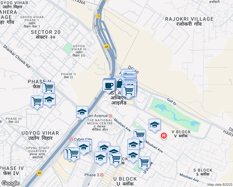 map of restaurants, bars, coffee shops, grocery stores, and more near DLF City Phase 3 Road in Gurugram