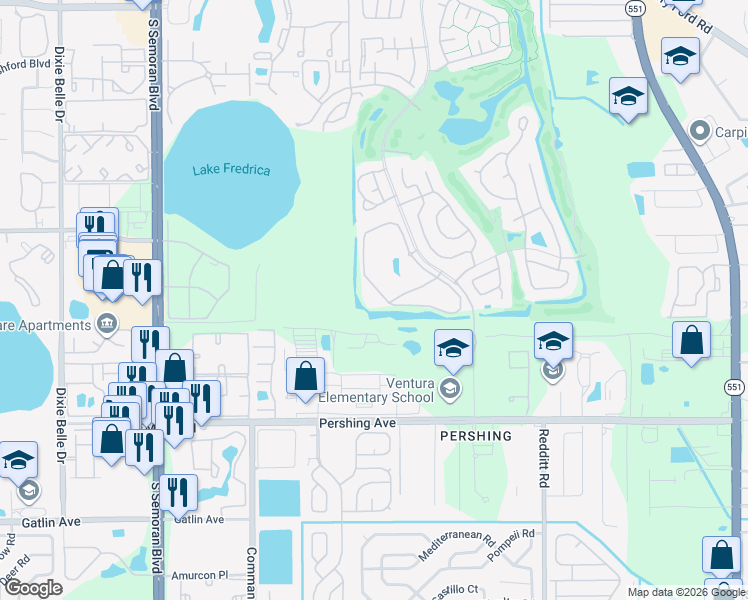 map of restaurants, bars, coffee shops, grocery stores, and more near 3956 Atrium Drive in Orlando