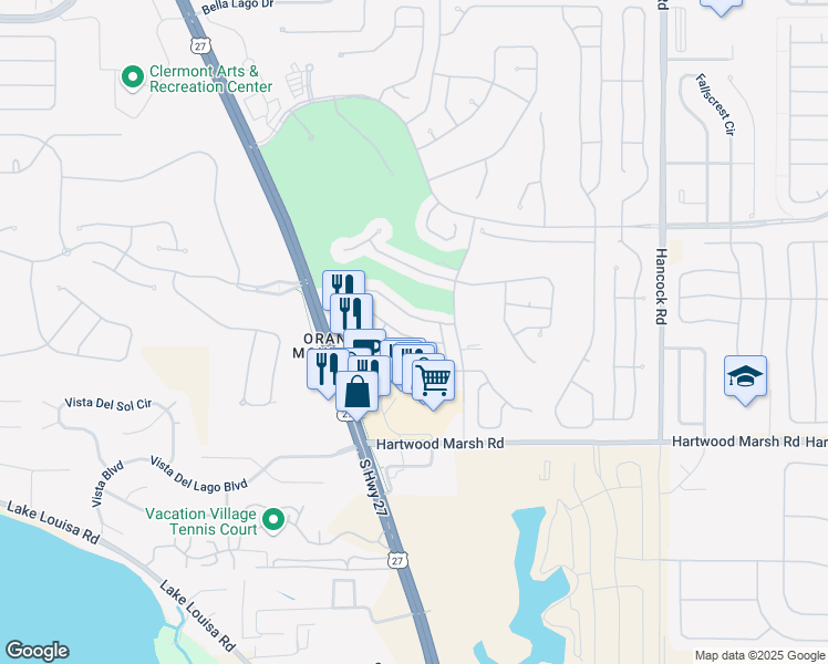 map of restaurants, bars, coffee shops, grocery stores, and more near 2116 Braxton Street in Clermont