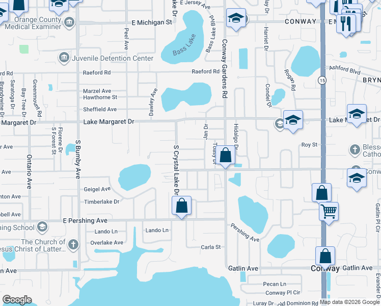 map of restaurants, bars, coffee shops, grocery stores, and more near 3226 Debbie Drive in Orlando
